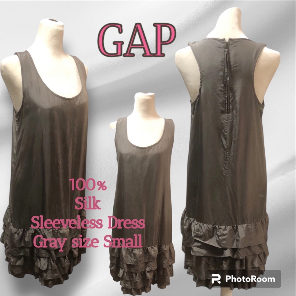 GAP Dress 100% Silk Gray Small Ruffle Hem Lined Sleeveless